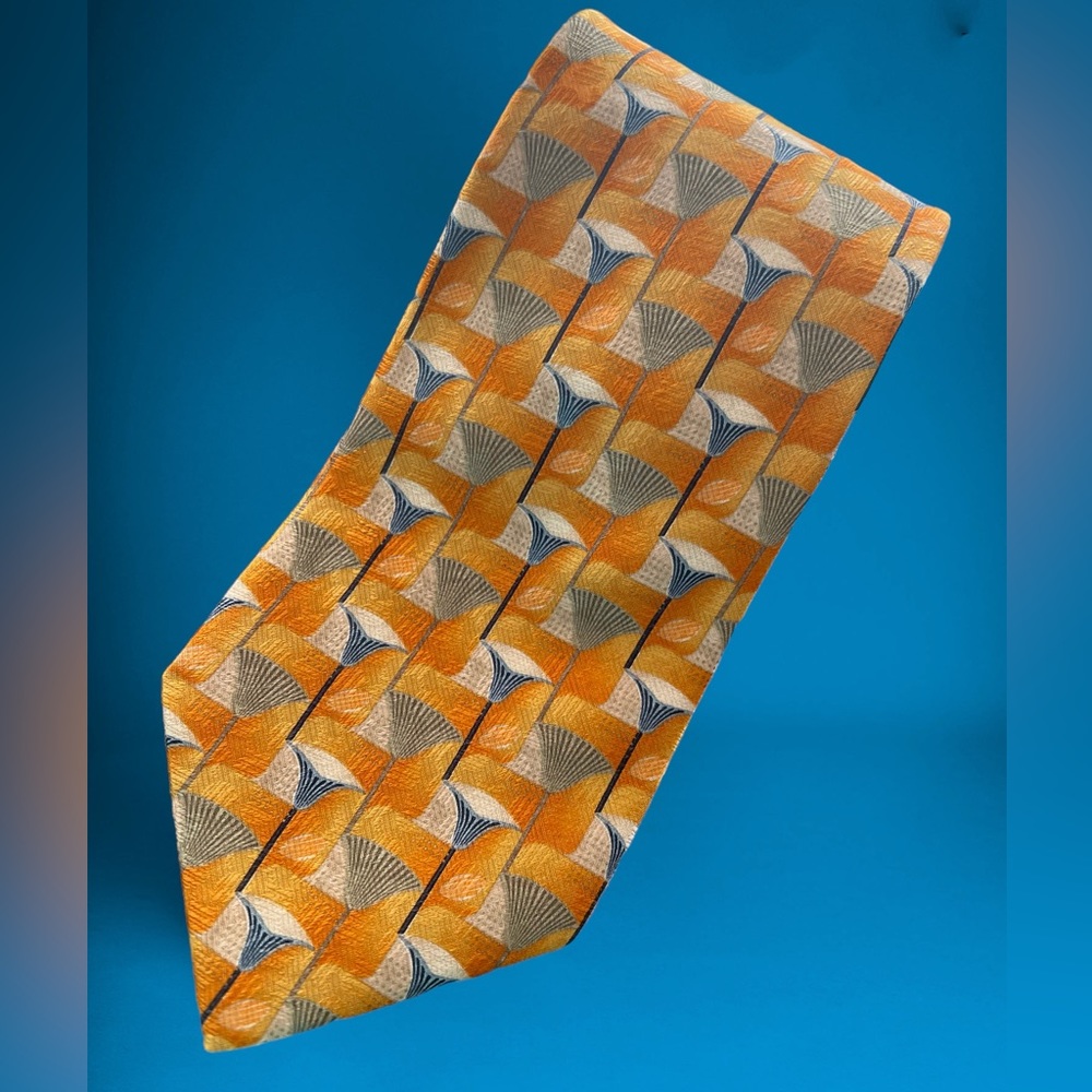 Ermenegildo Zegna Tie Silk Italy Necktie 59 x 3.75 Textured Gold Blue Abstract
